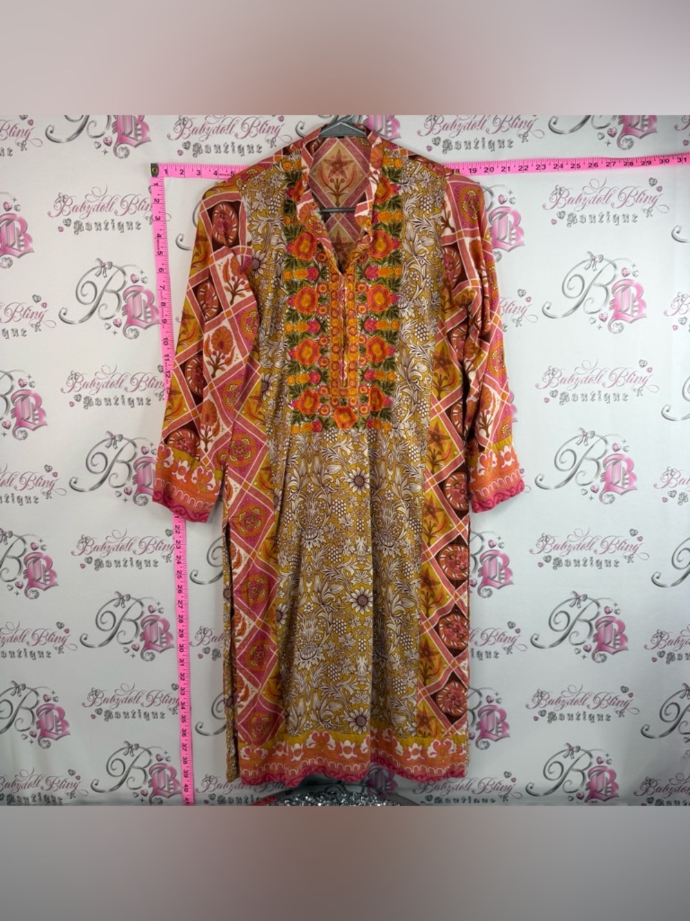Dress long floral Embroidered Floral Tunic Dress in Mustard, Orange & Pink